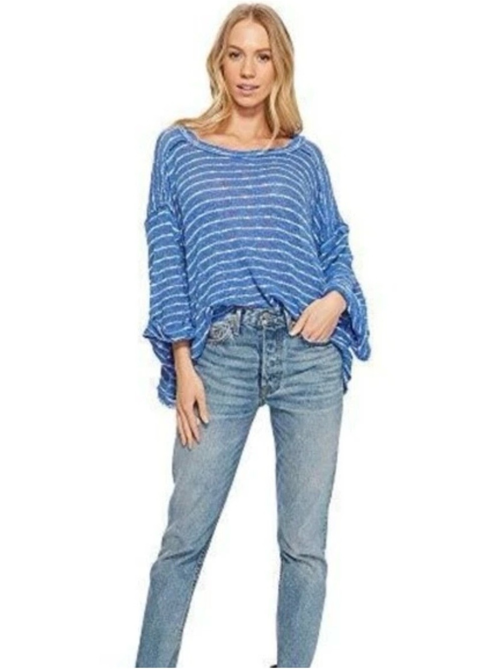We The Free Blue Knitted Striped Flowy Shirt. Oversized Beach Hippie Cute